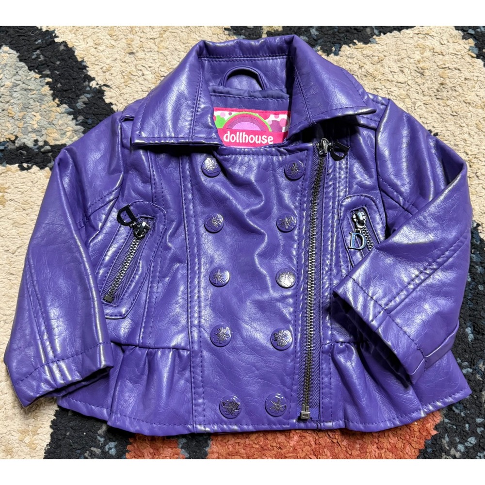 Dollhouse Purple Faux Leather Moto Jacket Peplum Ruffle Baby Girls Size 12M